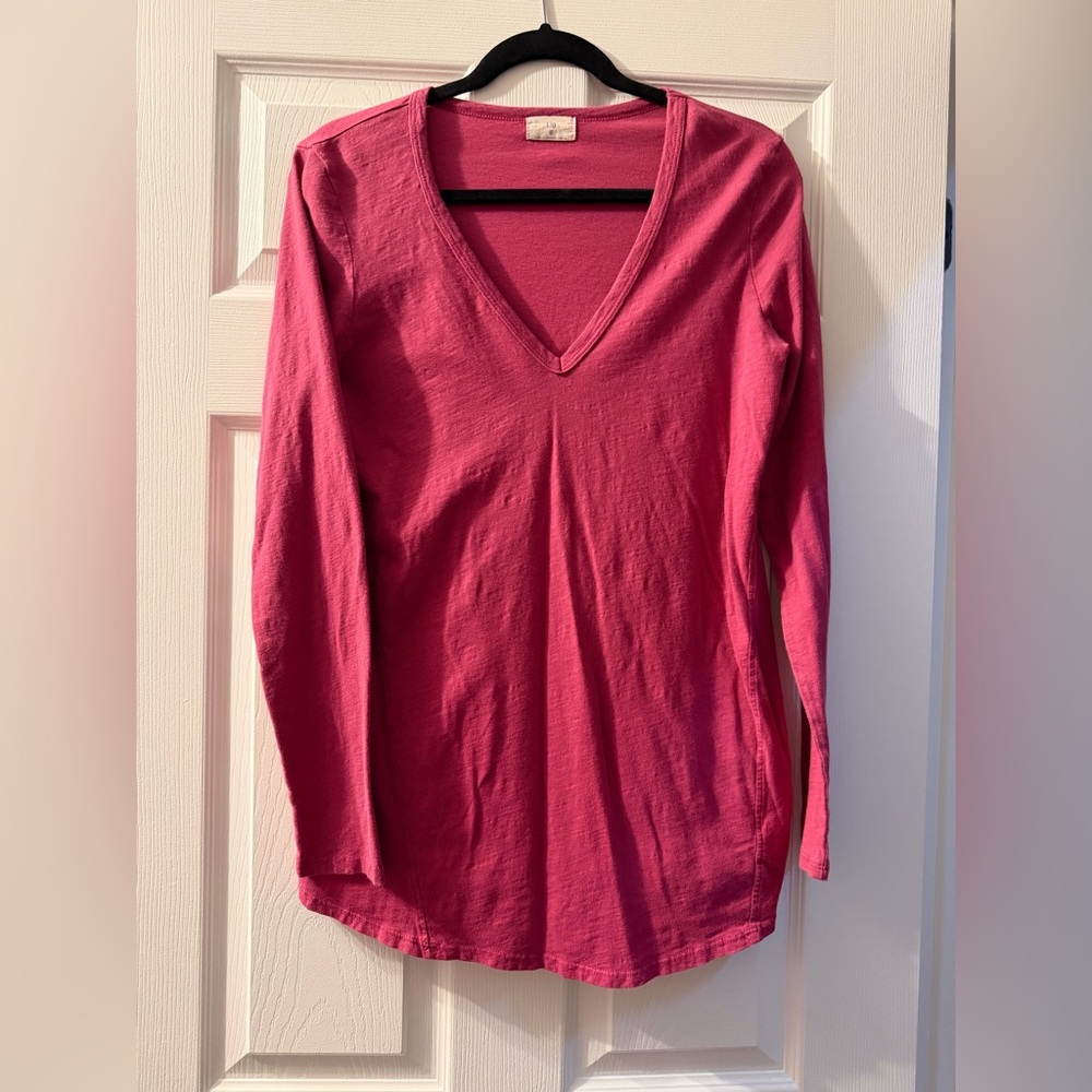 T.La (Anthropologie) V-Neck Long Sleeve Tee in Deep Pink